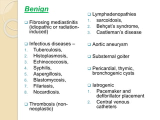Benign
 Fibrosing mediastinitis
(idiopathic or radiation-
induced)
 Infectious diseases –
1. Tuberculosis,
2. Histoplasmosis,
3. Echinococcosis,
4. Syphilis,
5. Aspergillosis,
6. Blastomycosis,
7. Filariasis,
8. Nocardiosis.
 Thrombosis (non-
neoplastic)
 Lymphadenopathies
1. sarcoidosis,
2. Behçet’s syndrome,
3. Castleman’s disease
 Aortic aneurysm
 Substernal goiter
 Pericardial, thymic,
bronchogenic cysts
 Iatrogenic
1. Pacemaker and
defibrillator placement
2. Central venous
catheters
 