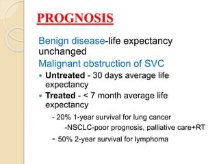 PROGNOSIS
Benign disease-life expectancy
unchanged
Malignant obstruction of SVC
 Untreated - 30 days average life
expectancy
 Treated - < 7 month average life
expectancy
- 20% 1-year survival for lung cancer
-NSCLC-poor prognosis, palliative care+RT
- 50% 2-year survival for lymphoma
 