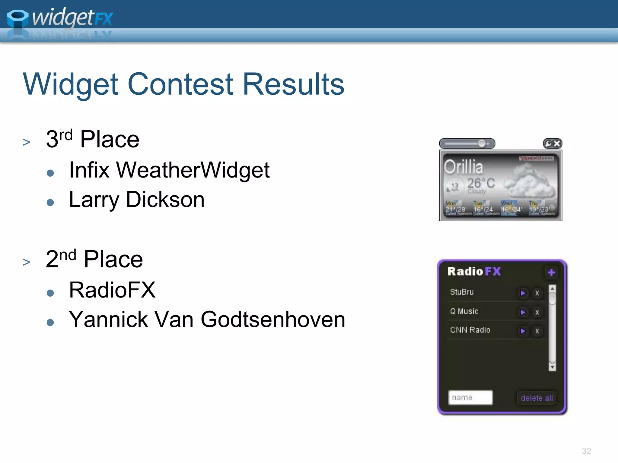 Widget Contest Results3rd PlaceInfix WeatherWidgetLarry Dickson2nd PlaceRadioFXYannick Van Godtsenhoven32