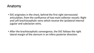 Anatomy
• SVC originates in the chest, behind the first right sternocostal
articulation, from the confluence of two main collector vessels: Right
and Left brachiocephalic veins which receive the ipsilateral internal
jugular and subclavian veins.
• After the brachiocephalic convergence, the SVC follows the right
lateral margin of the sternum in an infero posterior direction.
 