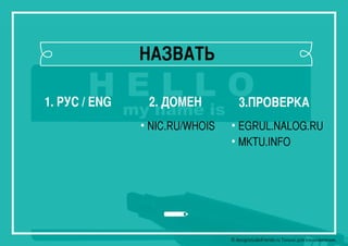 © designstudiofriends.ru Только для ознакомления.
НАЗВАТЬ
1. РУС / ENG 2. ДОМЕН 3.ПРОВЕРКА
• NIC.RU/WHOIS • EGRUL.NALOG.RU
• MKTU.INFO
 