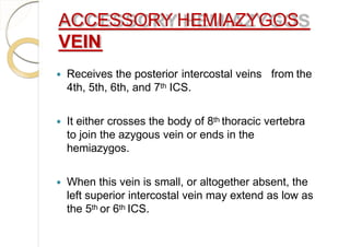 ACCESSORY HEMIAZYGOS
VEIN
 Receives the posterior intercostal veins from the
4th, 5th, 6th, and 7th ICS.
 It either crosses the body of 8th thoracic vertebra
to join the azygous vein or ends in the
hemiazygos.
 When this vein is small, or altogether absent, the
left superior intercostal vein may extend as low as
the 5th or 6th ICS.
 
