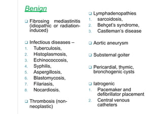 Benign
 Fibrosing mediastinitis
(idiopathic or radiation-
induced)
 Infectious diseases –
1. Tuberculosis,
2. Histoplasmosis,
3. Echinococcosis,
4. Syphilis,
5. Aspergillosis,
6. Blastomycosis,
7. Filariasis,
8. Nocardiosis.
 Thrombosis (non-
neoplastic)
 Lymphadenopathies
1. sarcoidosis,
2. Behçet’s syndrome,
3. Castleman’s disease
 Aortic aneurysm
 Substernal goiter
 Pericardial, thymic,
bronchogenic cysts
 Iatrogenic
1. Pacemaker and
defibrillator placement
2. Central venous
catheters
 