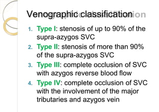 Venographic classification
1. Type I: stenosis of up to 90% of the
supra-azygos SVC
2. Type II: stenosis of more than 90%
of the supra-azygos SVC
3. Type III: complete occlusion of SVC
with azygos reverse blood flow
4. Type IV: complete occlusion of SVC
with the involvement of the major
tributaries and azygos vein
 