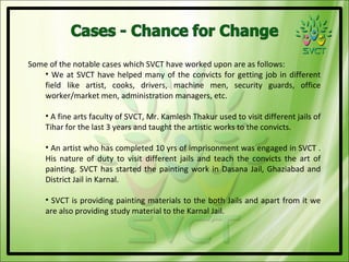 Some of the notable cases which SVCT have worked upon are as follows:
   • We at SVCT have helped many of the convicts for getting job in different
   field like artist, cooks, drivers, machine men, security guards, office
   worker/market men, administration managers, etc.

    • A fine arts faculty of SVCT, Mr. Kamlesh Thakur used to visit different jails of
    Tihar for the last 3 years and taught the artistic works to the convicts.

    • An artist who has completed 10 yrs of imprisonment was engaged in SVCT .
    His nature of duty to visit different jails and teach the convicts the art of
    painting. SVCT has started the painting work in Dasana Jail, Ghaziabad and
    District Jail in Karnal.

    • SVCT is providing painting materials to the both Jails and apart from it we
    are also providing study material to the Karnal Jail.
 
