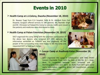  Health Camp at J.J.Colony, Dwarka (November 18, 2010)
    Dr. Naveen Tyagi from E.S.I hospital, Delhi & Dr. Abhilash from Civil
    Hospital, Gurgaon offered services to 188 patients. Mr. Bijender Singh
    and Mr. Chiranjee Lal helped this Camp to success. Cards were issued to
    the patients and medicines were distributed to them.

 Health Camp at Palam Extension (November 20, 2010)
    SVCT organised this camp along with the voluntary participation of
    the above two doctors who screened 117 OPD patients. An
    informative exhibition on Tobacco was also displayed. All the
    people of the surrounding areas were happy to see the camp and
    requested SVCT to hold such Camps.

                                     Cancer Camp at Jhadhoda Kalan (November 28,
                                    2010)
                                        SVCT organized this camp in collaboration with MKS (ROKO
                                        Cancer) Charitable Trust, with the help of DIG Mr. G. J. Singh.
                                        Here 71 suspected patients were screened and 27
                                        Mammography tests were done. Dr. Astha from SVCT gave some
                                        useful information regarding Breast Self Examination, amongst
                                        participants also.
 