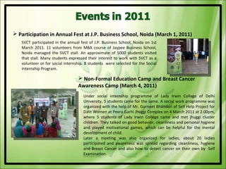  Participation in Annual Fest at J.P. Business School, Noida (March 1, 2011)
   SVCT participated in the annual fest of J.P. Business School, Noida on 1st
   March 2011. 11 volunteers from MBA course of Jaypee Business School,
   Noida managed the SVCT stall. An approximate of 5000 students visited
   that stall. Many students expressed their interest to work with SVCT as a
   volunteer or for social internship. 8 students were selected for the Social
   Internship Program.

                                   Non-Formal Education Camp and Breast Cancer
                                  Awareness Camp (March 4, 2011)
                                     Under social internship programme of Lady Irwin Collage of Delhi
                                     University, 5 students came for the same. A social work programme was
                                     organized with the help of Mr. Gurneet Bhandari of Self Help Project for
                                     Dalit Women at Peera Garhi Jhuggi Complex on 4 March 2011 at 2.00pm,
                                     where 5 students of Lady Irwin College came and met jhuggi cluster
                                     children. They talked on good behavior, cleanliness and personal hygiene
                                     and played motivational games, which can be helpful for the mental
                                     development of child.
                                     Later a meeting was also organized for ladies, about 20 ladies
                                     participated and awareness was spread regarding cleanliness, hygiene
                                     and Breast Cancer and also how to detect cancer on their own by Self
                                     Examination.
 