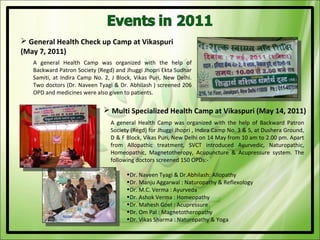  General Health Check up Camp at Vikaspuri
(May 7, 2011)
   A general Health Camp was organized with the help of
   Backward Patron Society (Regd) and Jhuggi Jhopri Ekta Sudhar
   Samiti, at Indira Camp No. 2, J Block, Vikas Puri, New Delhi.
   Two doctors (Dr. Naveen Tyagi & Dr. Abhilash ) screened 206
   OPD and medicines were also given to patients.

                               Multi Specialized Health Camp at Vikaspuri (May 14, 2011)
                                A general Health Camp was organized with the help of Backward Patron
                                Society (Regd) for Jhuggi Jhopri , Indira Camp No. 3 & 5, at Dushera Ground,
                                D & F Block, Vikas Puri, New Delhi on 14 May from 10 am to 2.00 pm. Apart
                                from Allopathic treatment, SVCT introduced Ayurvedic, Naturopathic,
                                Homeopathic, Magnetotheropy, Acupuncture & Acupressure system. The
                                following doctors screened 150 OPDs:-

                                      •Dr. Naveen Tyagi & Dr.Abhilash: Allopathy
                                      •Dr. Manju Aggarwal : Naturopathy & Reflexology
                                      •Dr. M.C. Verma : Ayurveda
                                      •Dr. Ashok Verma : Homeopathy
                                      •Dr. Mahesh Goel : Acupressure
                                      •Dr. Om Pal : Magnetotheropathy
                                      •Dr. Vikas Sharma : Naturopathy & Yoga
 