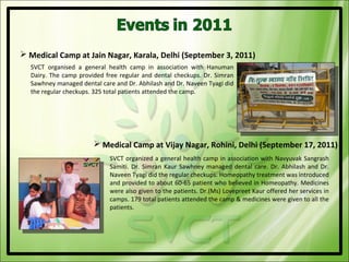  Medical Camp at Jain Nagar, Karala, Delhi (September 3, 2011)
  SVCT organised a general health camp in association with Hanuman
  Dairy. The camp provided free regular and dental checkups. Dr. Simran
  Sawhney managed dental care and Dr. Abhilash and Dr. Naveen Tyagi did
  the regular checkups. 325 total patients attended the camp.




                        Medical Camp at Vijay Nagar, Rohini, Delhi (September 17, 2011)
                            SVCT organized a general health camp in association with Navyuvak Sangrash
                            Samiti. Dr. Simran Kaur Sawhney managed dental care. Dr. Abhilash and Dr.
                            Naveen Tyagi did the regular checkups. Homeopathy treatment was introduced
                            and provided to about 60-65 patient who believed in Homeopathy. Medicines
                            were also given to the patients. Dr.(Ms) Lovepreet Kaur offered her services in
                            camps. 179 total patients attended the camp & medicines were given to all the
                            patients.
 