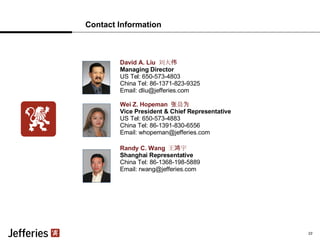 Contact Information David A. Liu  刘大伟 Managing Director US Tel: 650-573-4803 China Tel: 86-1371-823-9325 Email: dliu@jefferies.com Wei Z. Hopeman  张晨为 Vice President & Chief Representative US Tel: 650-573-4883 China Tel: 86-1391-830-6556 Email: whopeman@jefferies.com Randy C. Wang  王鸿宇 Shanghai Representative China Tel: 86-1368-198-5889 Email: rwang@jefferies.com 23 