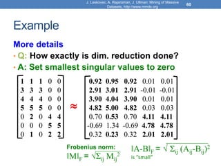 Example
More details
• Q: How exactly is dim. reduction done?
• A: Set smallest singular values to zero
J. Leskovec, A. Rajaraman, J. Ullman: Mining of Massive
Datasets, http://www.mmds.org
60

1 1 1 0 0
3 3 3 0 0
4 4 4 0 0
5 5 5 0 0
0 2 0 4 4
0 0 0 5 5
0 1 0 2 2
0.92 0.95 0.92 0.01 0.01
2.91 3.01 2.91 -0.01 -0.01
3.90 4.04 3.90 0.01 0.01
4.82 5.00 4.82 0.03 0.03
0.70 0.53 0.70 4.11 4.11
-0.69 1.34 -0.69 4.78 4.78
0.32 0.23 0.32 2.01 2.01
Frobenius norm:
ǁMǁF = Σij Mij
2
ǁA-BǁF =  Σij (Aij-Bij)2
is “small”
 