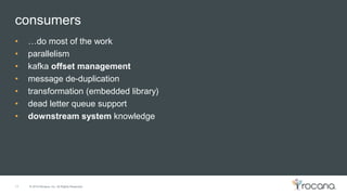 © 2015 Rocana, Inc. All Rights Reserved.
consumers
17
• …do most of the work
• parallelism
• kafka offset management
• message de-duplication
• transformation (embedded library)
• dead letter queue support
• downstream system knowledge
 
