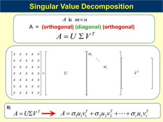 Singular Value Decomposition



















































































T
r
V
U
x
x
x
x
x
x
x
x
x
x
x
x
x
x
x
x
x
x
x
x
x
x
x
x
x
x
x
x
x
x
x
x
x
x
x



1
n
m
A 
is
A = (orthogonal) (diagonal) (orthogonal)
T
V
U
A 

8)
T
V
U
A 
 T
r
r
r
T
T
v
u
v
u
v
u
A 

 


 
2
2
2
1
1
1
 