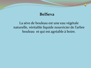La sève de bouleau est une eau végétale
naturelle, véritable liquide nourricier de l’arbre
bouleau et qui est agréable à boire.
BelSeva
 