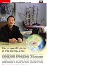 Firmen Report                        Professional Dish Manufacturer SVEC, China




                                                                                                                                ë       Chengdu,
                                                                                                                                        Sichuan
■SVEC Geschäftsführer
ist Wang Duo




Hohe Investitionen
in Produktqualität
  Seit 1993 stellt SVEC (Sichuan Video                    Durchmesser her, vor allem aber ist                        Produkte erfordern eine professionelle
Equipment Company) Satellitenspie-                        SVEC dabei, immer mehr den Bereich                         Produktion.
gel aller Größen her. Die Produktions-                    der professionellen VSAT-Spiegel zu er-                      Über SVEC hatte TELE-satellite be-
mengen sind riesig: mehrere Millionen                     obern. „Auch das Ka-Band für Internet-                     reits in Ausgabe 02-03/2010 berichtet.
Spiegel stellt SVEC jeden Monat her.                      via-Satellite ist bei uns im Angebot,“                     Bereits damals berichteten wir über die
Die populärste Spiegelgröße sind Off-                     erfahren wir von Becky, Leiterin des                       Aktivitäten bei SVEC im Bereich VSAT
setspiegel mit 60 und 75cm Durchmes-                      internationalen Sales Teams. Damit                         und Ka-Band. In der Zwischenzeit hat
ser, danach folgen Spiegel mit 1.2 und                    sind wir beim Thema, denn das ist der                      SVEC enorme Investitionen getätigt,
1.5m Durchmesser. Aber SVEC stellt                        Grund, warum wir uns bei SVEC genau-                       um die Qualität der Produktion nicht nur
auch große Segmentspiegel mit 2.4m                        er umgeschaut haben: professionelle                        zu sichern sondern auch in neue Quali-


186 TELE-satellite International — The World‘s Largest Digital TV Trade Magazine — 06-07-08/2012 — www.TELE-satellite.com
 