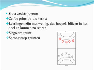 Slot:  wedstrijdvorm Zelfde principe  als kern 2 Leerlingen zijn met weinig, dus hoepels blijven in het doel en kunnen zo scoren. Slagworp 1punt Sprongworp 2punten 