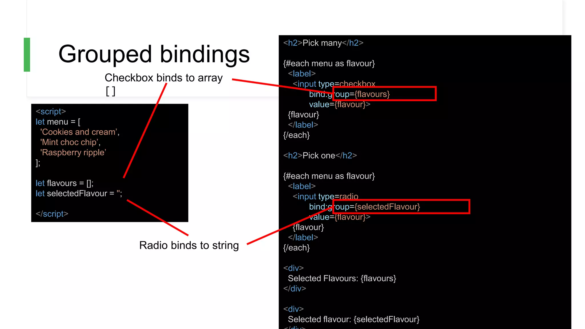 Grouped bindings
<script>
let menu = [
'Cookies and cream’,
'Mint choc chip’,
'Raspberry ripple’
];
let flavours = [];
let selectedFlavour = '';
</script>
<h2>Pick many</h2>
{#each menu as flavour}
<label>
<input type=checkbox
bind:group={flavours}
value={flavour}>
{flavour}
</label>
{/each}
<h2>Pick one</h2>
{#each menu as flavour}
<label>
<input type=radio
bind:group={selectedFlavour}
value={flavour}>
{flavour}
</label>
{/each}
<div>
Selected Flavours: {flavours}
</div>
<div>
Selected flavour: {selectedFlavour}
Checkbox binds to array
[]
Radio binds to string
 