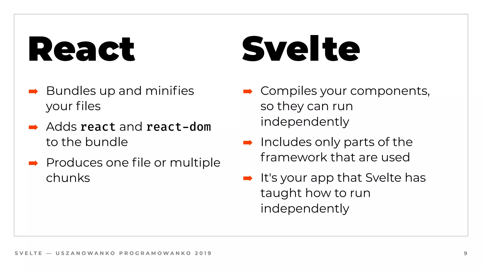 S V E L T E — U S Z A N O W A N K O P R O G R A M O W A N K O 2 0 1 9 9
React
➡ Bundles up and minifies
your files
➡ Adds react and react-dom
to the bundle
➡ Produces one file or multiple
chunks
Svelte
➡ Compiles your components,
so they can run
independently
➡ Includes only parts of the
framework that are used
➡ It's your app that Svelte has
taught how to run
independently
 