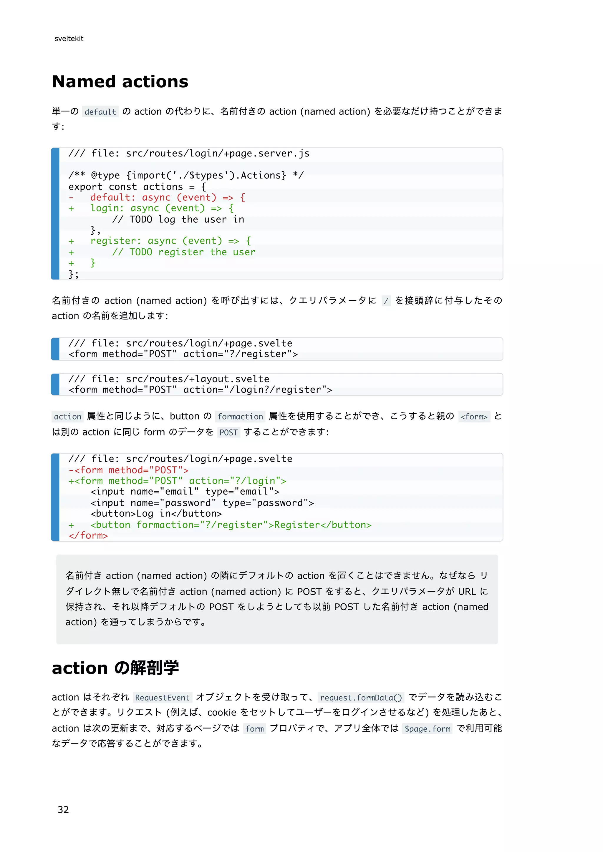 Named actions
単一の default の action の代わりに、名前付きの action (named action) を必要なだけ持つことができま
す:
名前付きの action (named action) を呼び出すには、クエリパラメータに / を接頭辞に付与したその
action の名前を追加します:
action 属性と同じように、button の formaction 属性を使用することができ、こうすると親の <form> と
は別の action に同じ form のデータを POST することができます:
名前付き action (named action) の隣にデフォルトの action を置くことはできません。なぜなら リ
ダイレクト無しで名前付き action (named action) に POST をすると、クエリパラメータが URL に
保持され、それ以降デフォルトの POST をしようとしても以前 POST した名前付き action (named
action) を通ってしまうからです。
action の解剖学
action はそれぞれ RequestEvent オブジェクトを受け取って、request.formData() でデータを読み込むこ
とができます。リクエスト (例えば、cookie をセットしてユーザーをログインさせるなど) を処理したあと、
action は次の更新まで、対応するページでは form プロパティで、アプリ全体では $page.form で利用可能
なデータで応答することができます。
/// file: src/routes/login/+page.server.js
/** @type {import('./$types').Actions} */
export const actions = {
- default: async (event) => {
+ login: async (event) => {
// TODO log the user in
},
+ register: async (event) => {
+ // TODO register the user
+ }
};
/// file: src/routes/login/+page.svelte
<form method="POST" action="?/register">
/// file: src/routes/+layout.svelte
<form method="POST" action="/login?/register">
/// file: src/routes/login/+page.svelte
-<form method="POST">
+<form method="POST" action="?/login">
<input name="email" type="email">
<input name="password" type="password">
<button>Log in</button>
+ <button formaction="?/register">Register</button>
</form>
sveltekit
32
 