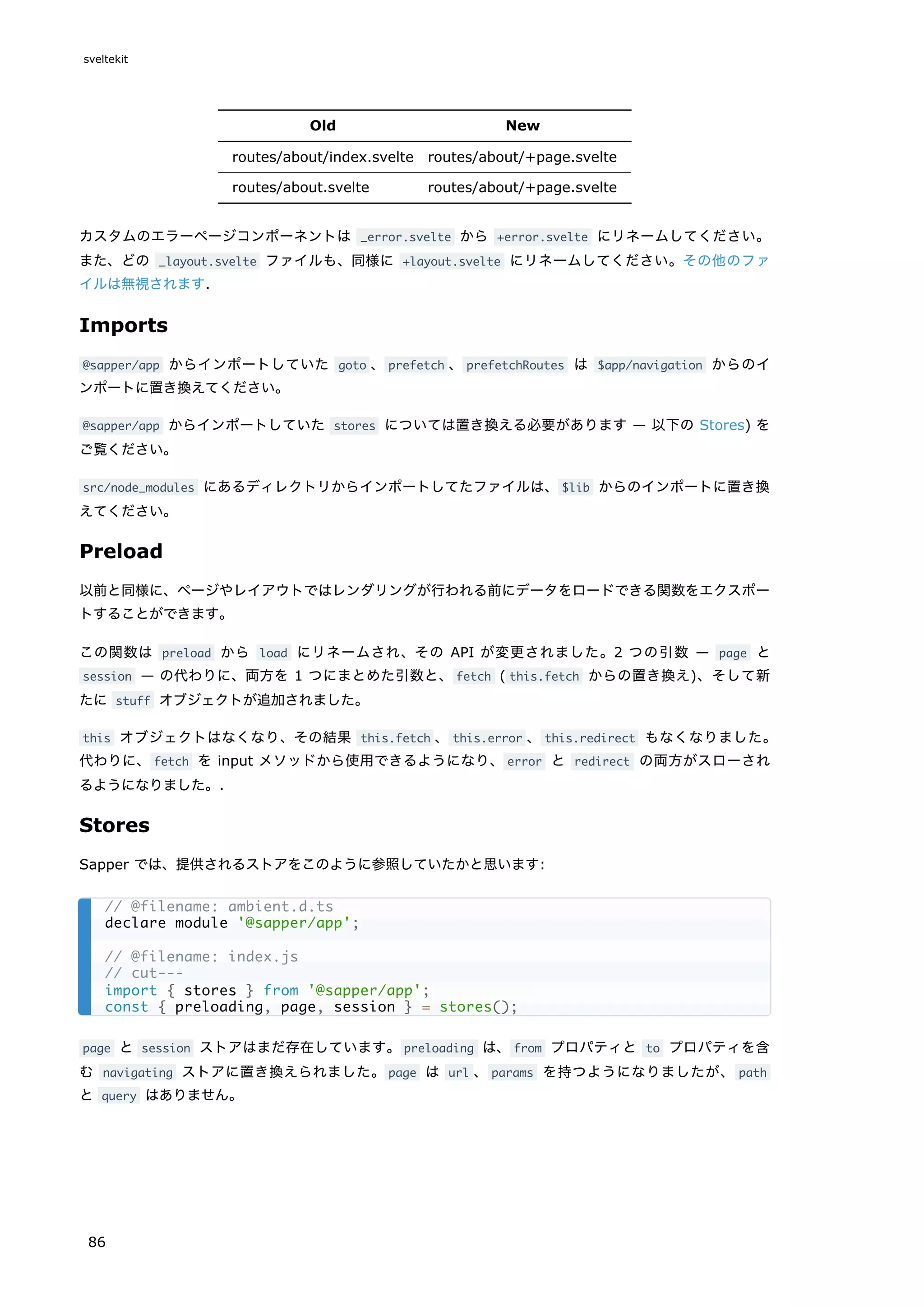 Old New
routes/about/index.svelte routes/about/+page.svelte
routes/about.svelte routes/about/+page.svelte
カスタムのエラーページコンポーネントは _error.svelte から +error.svelte にリネームしてください。
また、どの _layout.svelte ファイルも、同様に +layout.svelte にリネームしてください。その他のファ
イルは無視されます.
Imports
@sapper/app からインポートしていた goto 、prefetch 、prefetchRoutes は $app/navigation からのイ
ンポートに置き換えてください。
@sapper/app からインポートしていた stores については置き換える必要があります — 以下の Stores) を
ご覧ください。
src/node_modules にあるディレクトリからインポートしてたファイルは、$lib からのインポートに置き換
えてください。
Preload
以前と同様に、ページやレイアウトではレンダリングが行われる前にデータをロードできる関数をエクスポー
トすることができます。
この関数は preload から load にリネームされ、その API が変更されました。2 つの引数 — page と
session — の代わりに、両方を 1 つにまとめた引数と、fetch ( this.fetch からの置き換え)、そして新
たに stuff オブジェクトが追加されました。
this オブジェクトはなくなり、その結果 this.fetch 、this.error 、this.redirect もなくなりました。
代わりに、fetch を input メソッドから使用できるようになり、error と redirect の両方がスローされ
るようになりました。.
Stores
Sapper では、提供されるストアをこのように参照していたかと思います:
page と session ストアはまだ存在しています。preloading は、from プロパティと to プロパティを含
む navigating ストアに置き換えられました。page は url 、params を持つようになりましたが、 path
と query はありません。
// @filename: ambient.d.ts
declare module '@sapper/app';
// @filename: index.js
// cut---
import { stores } from '@sapper/app';
const { preloading, page, session } = stores();
sveltekit
86
 
