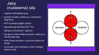 Jaka
(nuklearna) sila
• najjače međudjelovanje
• postoji između nukleona u atomskim
jezgrama
• drži na okupu jezgre atoma
• ograničenog dometa (10-15m)
• djeluje na kvarkove i gluone
• što gluon treba dalje putovati, nuklearna
sila postaje jača
• veže čitave protone i neutrone jedne na
druge
• iznos jake sile smanjuje se kad energija
čestica raste
 