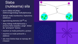 Slaba
(nuklearna) sila
• puno slabija od jakog i
elektromagnetskog međudjelovanja
• djeluje među kvarkovima i leptonima
(elektron)
• ograničenog dometa (10-17 m)
• zbog slabog međudjelovanja u
procesu beta-raspada u jezgri dolazi
do "promjene" čestica
• neutron se može pretvoriti u proton
• neutrino se može pretvoriti u
elektron
• silu nose čestice koje se nazivaju W i
Z bozoni
 