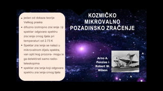 KOZMIČKO
MIKROVALNO
POZADINSKO ZRAČENJE
jedan od dokaza teorije
Velikog praska
difuzno izotropno zračenje čiji
spektar odgovara spektru
zračenja crnog tijela pri
temperaturi od 2.73 K
Spektar zračenja se nalazi u
mikrovalnom dijelu spektra,
van optičkog prozora- moguće
ga detektirati samo radio-
teleskopima
spektar zračenja koji odgovara
spektru zračenja crnog tijela
Arno A.
Penzias i
Robert W.
Wilson
 