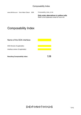 Composability Index


www.definitivus.se   Sven-Håkan Olsson   2008   Composability_Index_v2.xls

                                                Only enter alternatives in yellow cells
                                                Refer to the Explanation sheet for more info




Composability Index


Name of the SOA interface:


SOA Domain (if applicable):

Interface version (if applicable):




Resulting Composability Index:                                 7.18




                                 D▪E▪F▪I▪N▪I▪T▪I▪V▪U▪S                                         1(14)
 