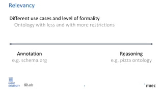 Relevancy
7
Different use cases and level of formality
Ontology with less and with more restrictions
Annotation
e.g. schema.org
Reasoning
e.g. pizza ontology
 