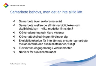 Samarbete behövs, men det är inte alltid lätt Samarbete över sektorerna svårt Samarbete mellan de allmänna biblioteken och skolbiblioteken – vilka modeller finns det? Kräver planering och klara visioner Kräver att skolledningen förbinder sig Skolbibliotekarien får inte lämnas ensam- samarbete mellan lärarna och skolbibliotekarien viktigt Elevkårens engagemang i verksamheten Nätverk för skolbibliotekarier 