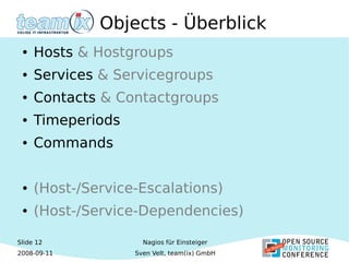 Slide 12
2008-09-11
Nagios für Einsteiger
Sven Velt, team(ix) GmbH
Objects - Überblick
● Hosts & Hostgroups
● Services & Servicegroups
● Contacts & Contactgroups
● Timeperiods
● Commands
● (Host-/Service-Escalations)
● (Host-/Service-Dependencies)
 