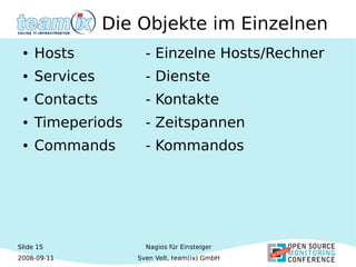 Slide 15
2008-09-11
Nagios für Einsteiger
Sven Velt, team(ix) GmbH
Die Objekte im Einzelnen
● Hosts - Einzelne Hosts/Rechner
● Services - Dienste
● Contacts - Kontakte
● Timeperiods - Zeitspannen
● Commands - Kommandos
 