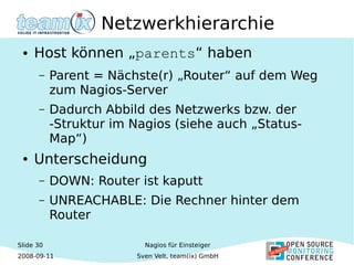 Slide 30
2008-09-11
Nagios für Einsteiger
Sven Velt, team(ix) GmbH
Netzwerkhierarchie
● Host können „parents“ haben
– Parent = Nächste(r) „Router“ auf dem Weg
zum Nagios-Server
– Dadurch Abbild des Netzwerks bzw. der
-Struktur im Nagios (siehe auch „Status-
Map“)
● Unterscheidung
– DOWN: Router ist kaputt
– UNREACHABLE: Die Rechner hinter dem
Router
 