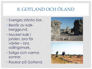 8. GOTLAND OCH ÖLAND
• Sveriges största öar.
• Består av kalkberggrund.
• Mycket kalk i
jorden, bra för
växter – bra
odlingsmark.
• Soliga och varma
somrar.
• Raukar på Gotland.

 