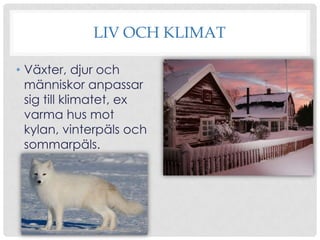 LIV OCH KLIMAT
• Växter, djur och
människor anpassar
sig till klimatet, ex
varma hus mot
kylan, vinterpäls och
sommarpäls.

 