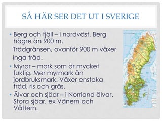SÅ HÄR SER DET UT I SVERIGE
• Berg och fjäll – i nordväst. Berg
högre än 900 m.
Trädgränsen, ovanför 900 m växer
inga träd.
• Myrar – mark som är mycket
fuktig. Mer myrmark än
jordbruksmark. Växer enstaka
träd, ris och gräs.
• Älvar och sjöar – i Norrland älvar.
Stora sjöar, ex Vänern och
Vättern.

 