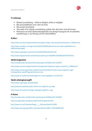 Sverige kan bättre!



Svenljunga

      Önskad sysselsättning – heltid en rättighet, deltid en möjlighet
      Öka personaltätheten inom vård och skola
      Öka antalet feriearbeten
      Alla under 24 år erbjuds sysselsättning, praktik eller aktiviteter inom 48 timmar
      Motionerat om lokal arbetsmarknadspolitik och näringslivsprogram för att underlätta
       nyetableringar av nya företag och fler arbetstillfällen.

Källor:

http://www.svd.se/naringsliv/nyheter/sverige/tvarstopp-i-den-privata-tjanstesektorn_7760514.svd

http://www.utredarna.nu/rogermortvik/2012/05/09/tveksamma-och-osakra-jobbeffekter-av-
jobbskatteavdraget/

http://www.regeringen.se/content/1/c6/19/05/90/a3e45765.pdf

http://www.hogskoleverket.se/kvalitet/utvardering.4.7b18d0f311f4a3995d57ffe3709.html

Sänkt krogmoms
http://sverigesradio.se/sida/artikel.aspx?programid=83&artikel=5130610

http://www.svd.se/naringsliv/nyheter/sverige/sankt-krogmoms-sagas-av-experter_7196664.svd

http://www.restaurangvarlden.se/Nyhetsarkiv/Arkiv/Nej-till-sankt-restaurangmoms-sager-
Finanspolitiska-radet/?ExpandComments=true

http://www.dn.se/ekonomi/arbetsgivarna-restaurangjobben-har-blivit-fler

Sänkt arbetsgivaravgift
http://www.regeringen.se/sb/d/12401

http://www.dn.se/ekonomi/dyr-reform-har-skapat-fa-nya-jobb

http://www.dn.se/ekonomi/lagre-arbetsgivaravgift-for-unga

A-kassa
http://sverigesradio.se/sida/artikel.aspx?programid=83&artikel=5263003

http://sverigesradio.se/sida/avsnitt/111575?programid=3071

http://www.tco.se/Templates/Page1____238.aspx?DataID=12859

http://www.samorg.org/so/filer.aspx?typ=dokument&id=-16347448452292




                                               11
 