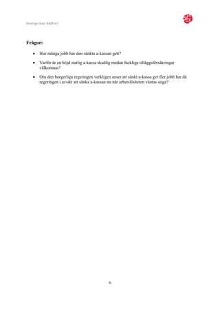 Sverige kan bättre!



Frågor:

      Hur många jobb har den sänkta a-kassan gett?

      Varför är en höjd statlig a-kassa skadlig medan fackliga tilläggsförsäkringar
       välkomnas?

      Om den borgerliga regeringen verkligen anser att sänkt a-kassa ger fler jobb har då
       regeringen i avsikt att sänka a-kassan nu när arbetslösheten väntas stiga?




                                              6
 