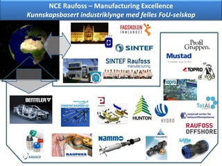 NCE Raufoss – Manufacturing Excellence
Kunnskapsbasert industriklynge med felles FoU-selskap
 