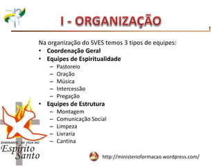 http://ministerioformacao.wordpress.com/
Na organização do SVES temos 3 tipos de equipes:
• Coordenação Geral
• Equipes de Espiritualidade
– Pastoreio
– Oração
– Música
– Intercessão
– Pregação
• Equipes de Estrutura
– Montagem
– Comunicação Social
– Limpeza
– Livraria
– Cantina
 