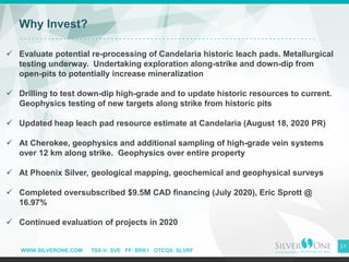 WWW.SILVERONE.COM TSX-V: SVE FF: BRK1 OTCQX: SLVRF
17
Why Invest?
People
✓ Evaluate potential re-processing of Candelaria historic leach pads. Metallurgical
testing underway. Undertaking exploration along-strike and down-dip from
open-pits to potentially increase mineralization
✓ Drilling to test down-dip high-grade and to update historic resources to current.
Geophysics testing of new targets along strike from historic pits
✓ Updated heap leach pad resource estimate at Candelaria (August 18, 2020 PR)
✓ At Cherokee, geophysics and additional sampling of high-grade vein systems
over 12 km along strike. Geophysics over entire property
✓ At Phoenix Silver, geological mapping, geochemical and geophysical surveys
✓ Completed oversubscribed $9.5M CAD financing (July 2020), Eric Sprott @
16.97%
✓ Continued evaluation of projects in 2020
 