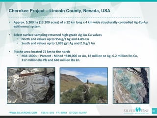 WWW.SILVERONE.COM TSX-V: SVE FF: BRK1 OTCQX: SLVRF
30
Cherokee Project – Lincoln County, Nevada, USA
• Approx. 5,200 ha (13,100 acres) of a 12 km long x 4 km wide structurally controlled Ag-Cu-Au
epithermal system.
• Select surface sampling returned high-grade Ag-Au-Cu values
• North end values up to 954 g/t Ag and 4.8% Cu
• South end values up to 1,895 g/t Ag and 2.0 g/t Au
• Pioche area located 75 km to the north
• Mid-1800s – Present - Mined ~810,000 oz Au, 18 million oz Ag, 6.2 million lbs Cu,
317 million lbs Pb and 640 million lbs Zn.
 