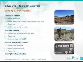 WWW.SILVERONE.COM TSX-V: SVE FF: BRK1 OTCQX: SLVRF
41
Silver One – 12 month Catalysts
Building a silver company.
Candelaria, Nevada
▪ Drilling high-grade
▪ Drilling to potentially expand mineralization along strike
▪ Geophysics
▪ Continue met testing on heaps
Cherokee, Nevada
▪ Mapping and sampling high-grade veins
▪ Geophysics
▪ Continued Exploration 2020
Phoenix Silver Project, Arizona
▪ Mapping and sampling
▪ Bio and soil geochemical
▪ Geophysics
Seeking New Opportunities
Candelaria
Cherokee
Phoenix Silver
Cherokee
 