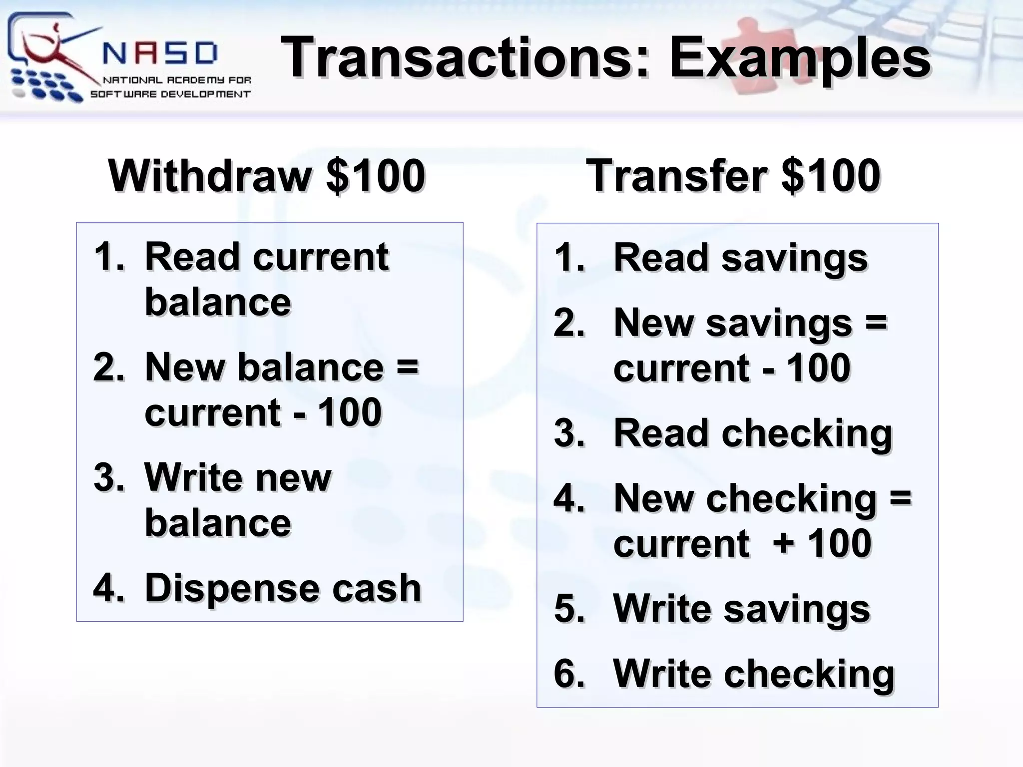 Transactions: Examples Withdraw $100 Read savings New savings = current - 100 Read checking New checking = current  + 100 Write savings Write checking Read current balance New balance =  current - 100 Write new balance Dispense cash Transfer $100 