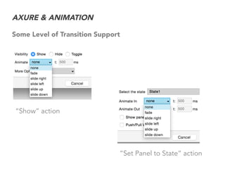 AXURE & ANIMATION
Some Level of Transition Support
“Show” action
“Set Panel to State” action
 