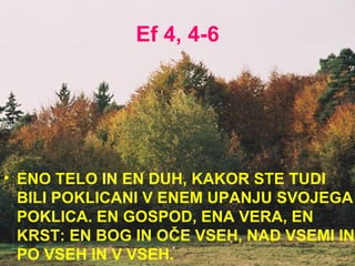 Ef 4, 4-6 ENO TELO IN EN DUH, KAKOR STE TUDI BILI POKLICANI V ENEM UPANJU SVOJEGA POKLICA. EN GOSPOD, ENA VERA, EN KRST: EN BOG IN OČE VSEH, NAD VSEMI IN PO VSEH IN V VSEH.  