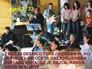 Apd 2, 33 Z BOŽJO DESNICO TOREJ POVIŠAN IN, KO JE PREJEL OD OČETA OBLJUBLJENEGA SVETAGA DUHA, GA JE RAZLIL, KAKOR VIDITE IN SLIŠITE 