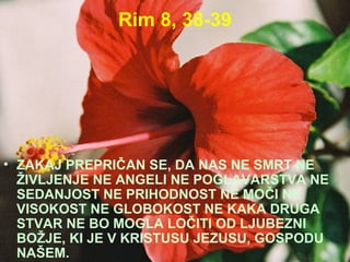 Rim 8, 38-39 ZAKAJ PREPRIČAN SE, DA NAS NE SMRT NE ŽIVLJENJE NE ANGELI NE POGLAVARSTVA NE SEDANJOST NE PRIHODNOST NE MOČI NE VISOKOST NE GLOBOKOST NE KAKA DRUGA STVAR NE BO MOGLA LOČITI OD LJUBEZNI BOŽJE, KI JE V KRISTUSU JEZUSU, GOSPODU NAŠEM. 