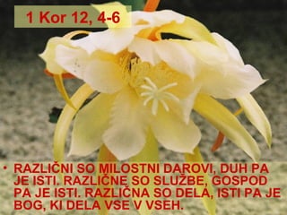 1 Kor 12, 4-6 RAZLIČNI SO MILOSTNI DAROVI, DUH PA JE ISTI. RAZLIČNE SO SLUŽBE, GOSPOD PA JE ISTI. RAZLIČNA SO DELA, ISTI PA JE BOG, KI DELA VSE V VSEH.   