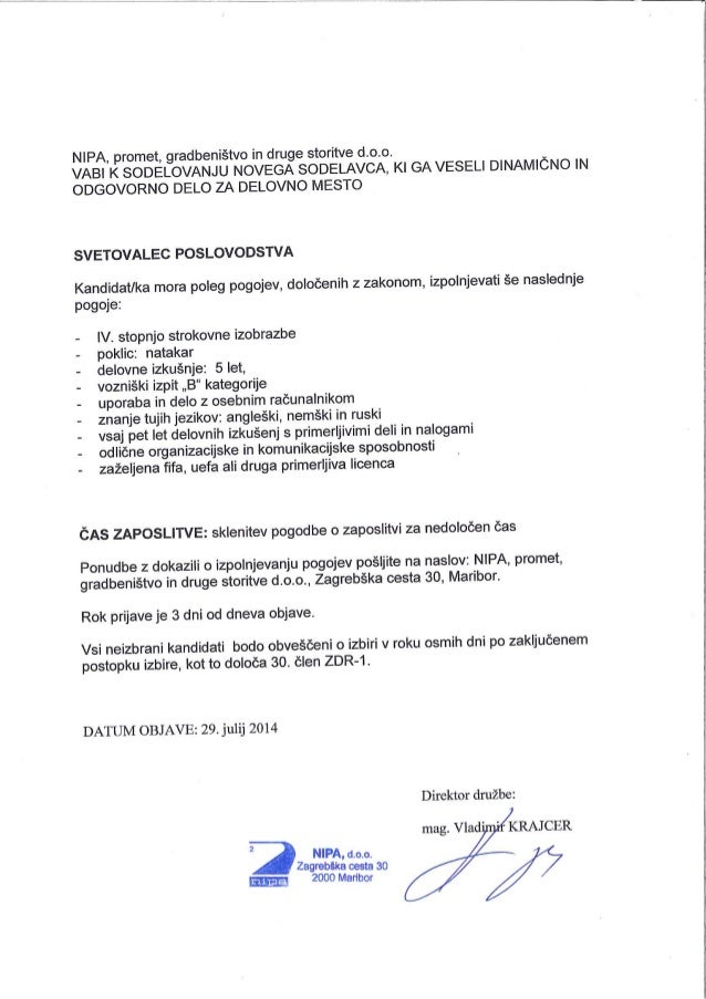 Razpis leta 2014 za delovno mesto (NIGRAD, MB)